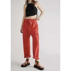 FREE PEOPLE Sky Rider Harem Pant Womens XS Red Cotton Linen Belted Drop Crotch
